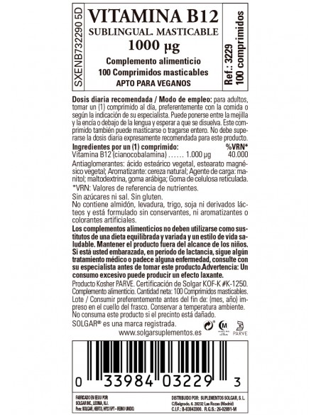 Farmacia Fuentelucha | Vitamina B12 1000 μg Solgar 100 Comprimidos  sublinguales masticables